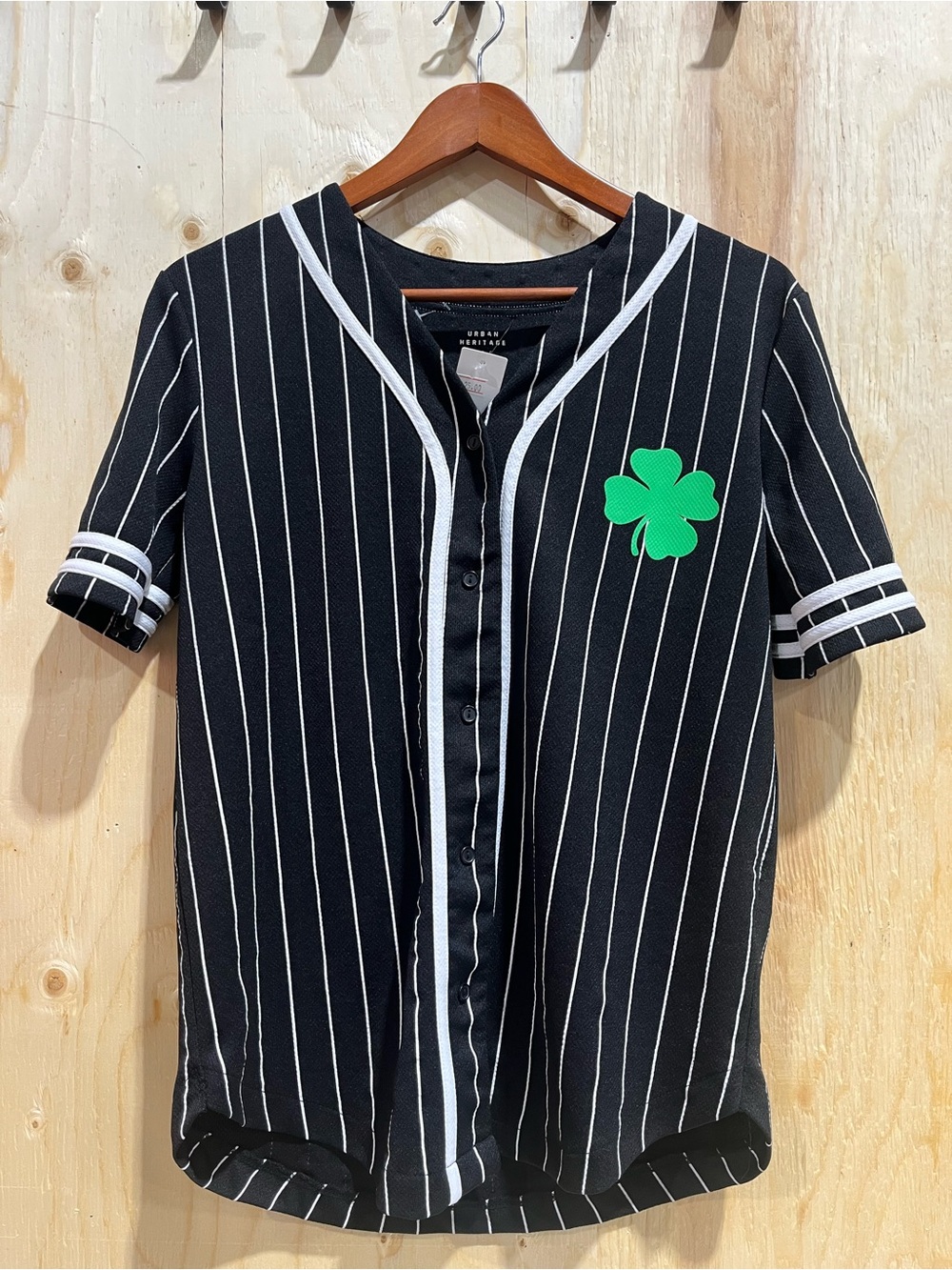 Urban Heritage Black Pinstripe Baseball Jersey with Green Clover